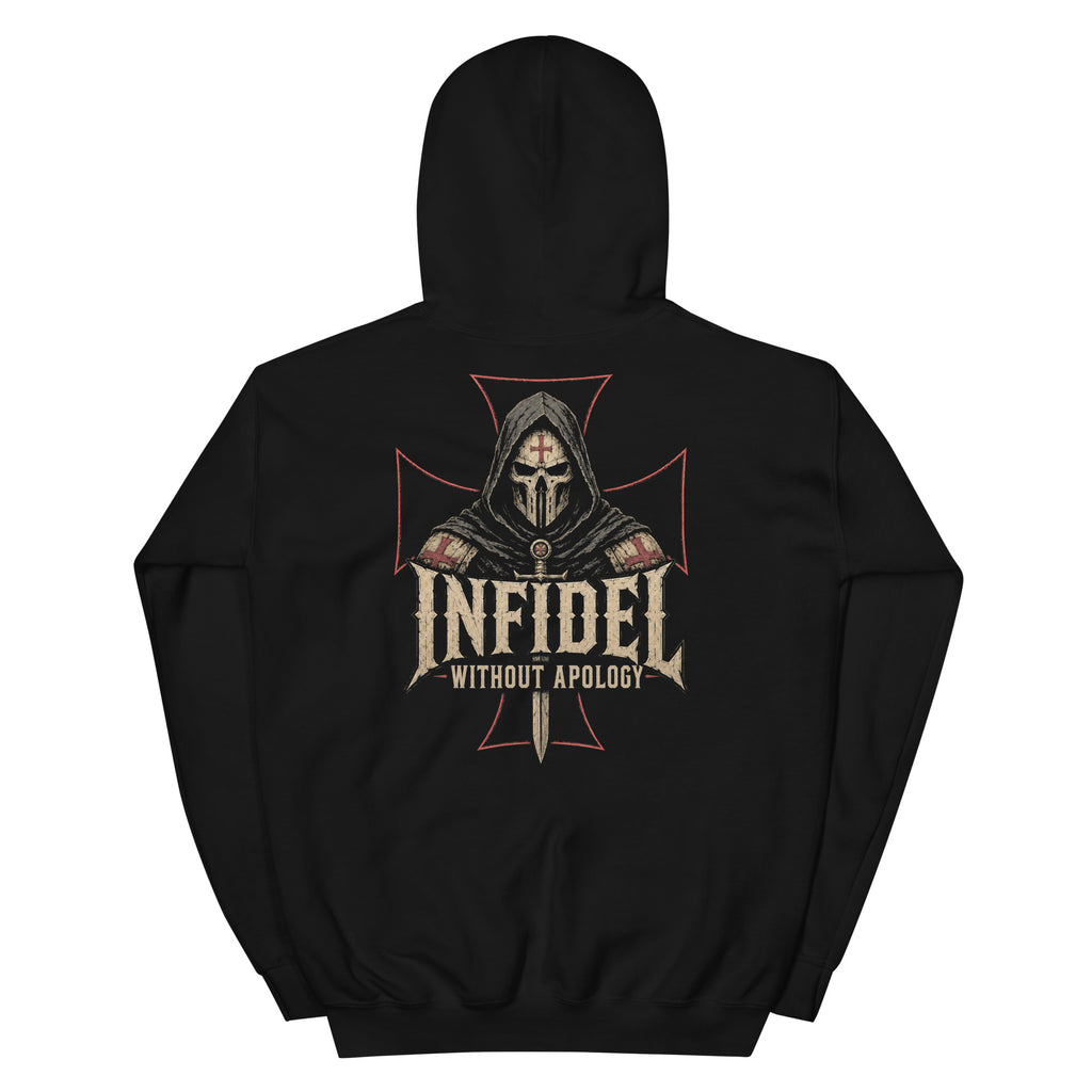 Infidel Without Apology hooded knight back print black hoodie from Infidel Collective