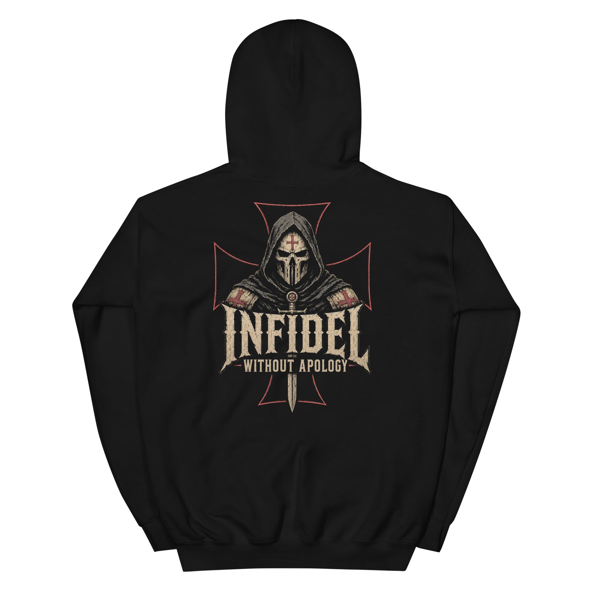 Infidel Without Apology hooded knight back print black hoodie from Infidel Collective