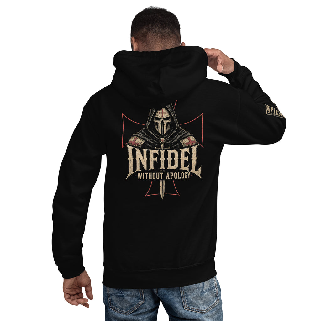 Infidel Without Apology hooded knight back print black hoodie from Infidel Collective