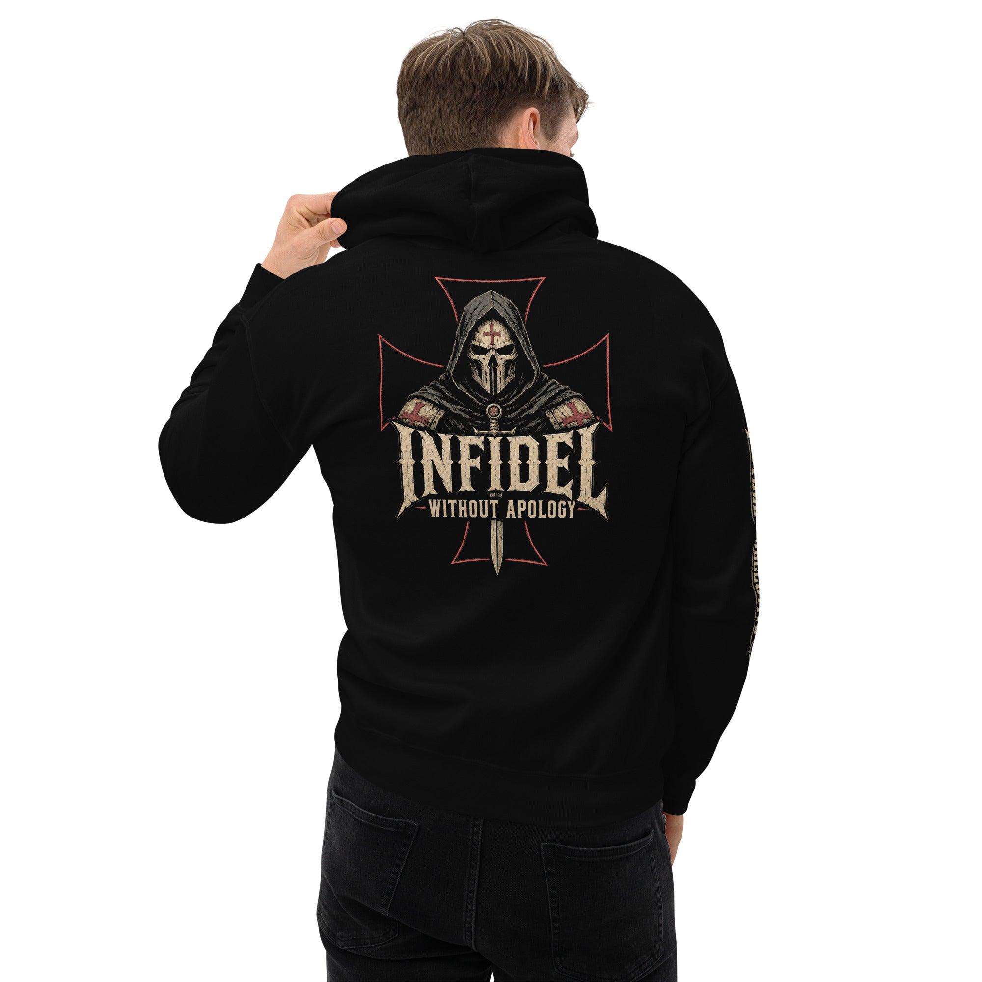 Infidel Without Apology hooded knight back print black hoodie from Infidel Collective