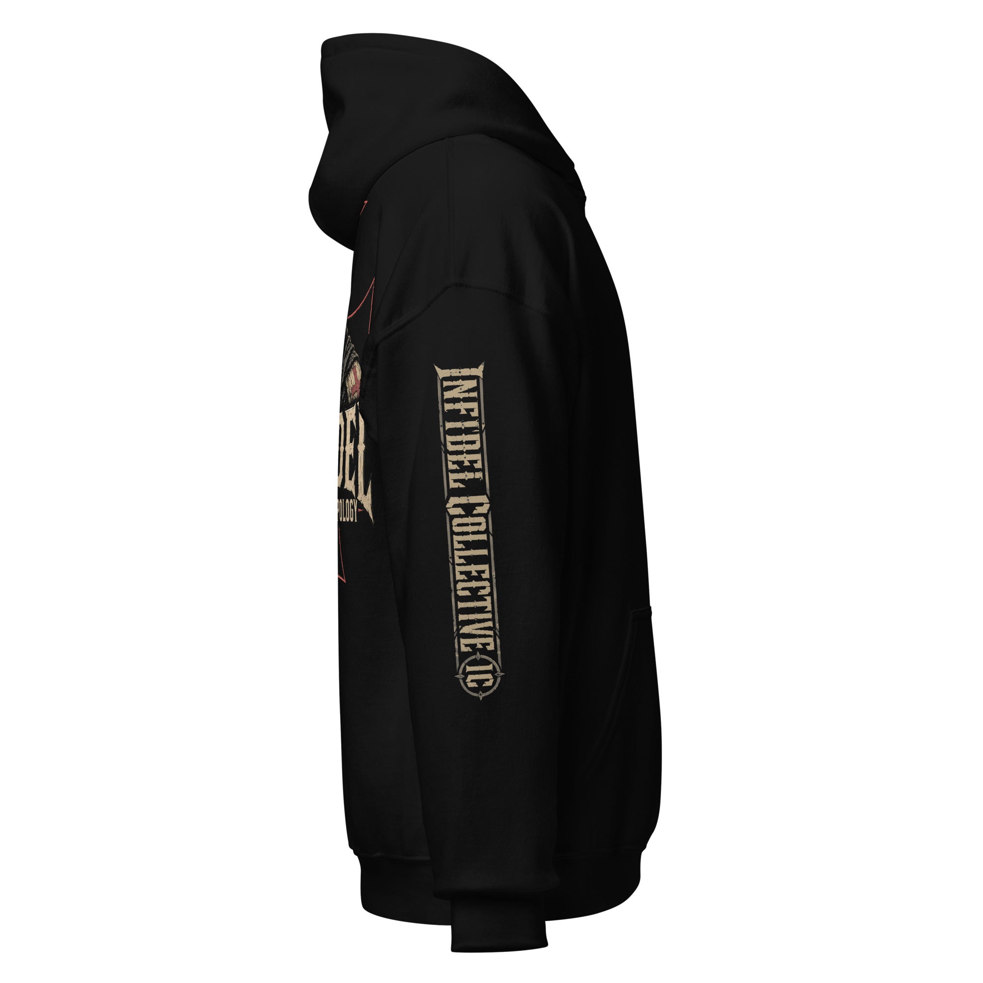 Infidel Without Apology hooded knight back print black hoodie from Infidel Collective