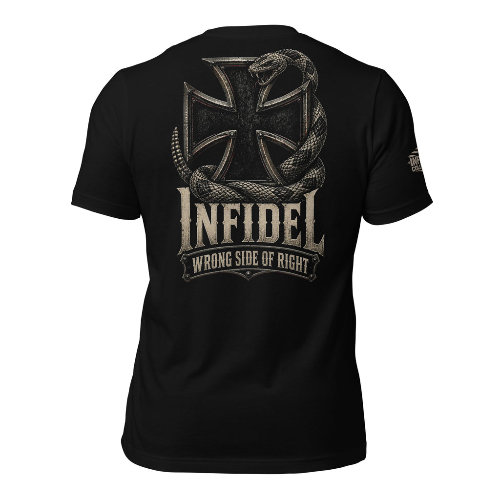 Infidel Wrong Side of Right iron cross serpent back print black tee from Infidel Collective