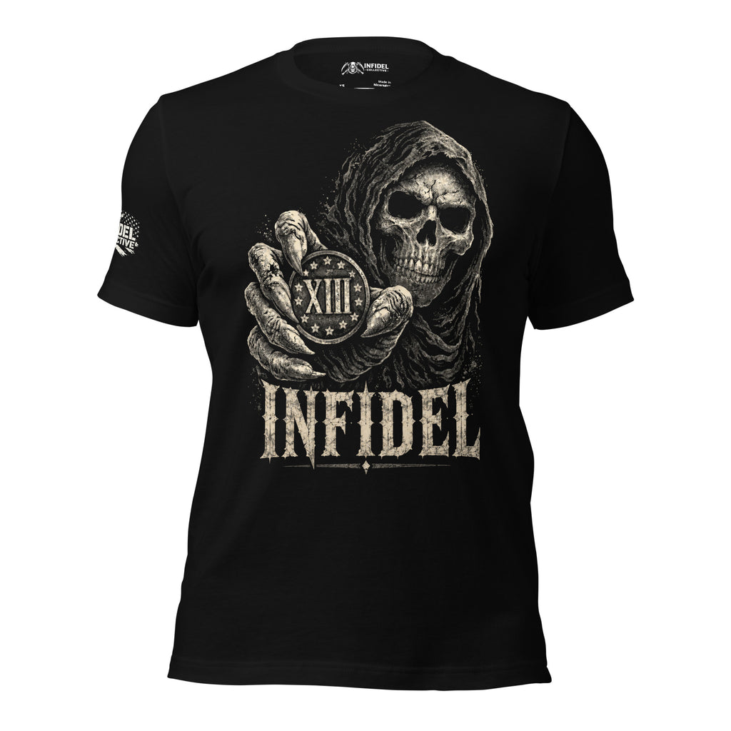 Infidel XIII reaper coin front graphic black tee from Infidel Collective