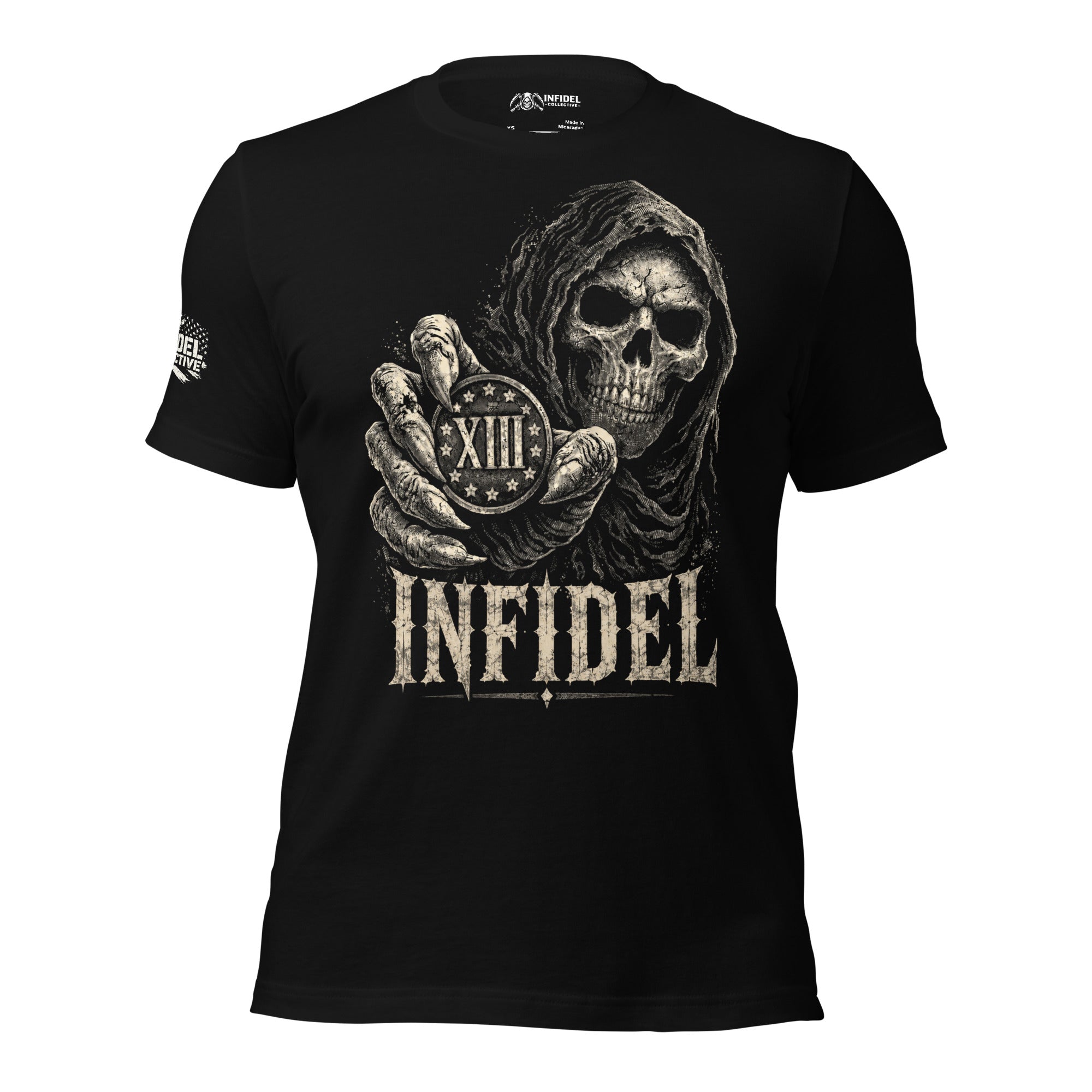 Infidel XIII reaper coin front graphic black tee from Infidel Collective