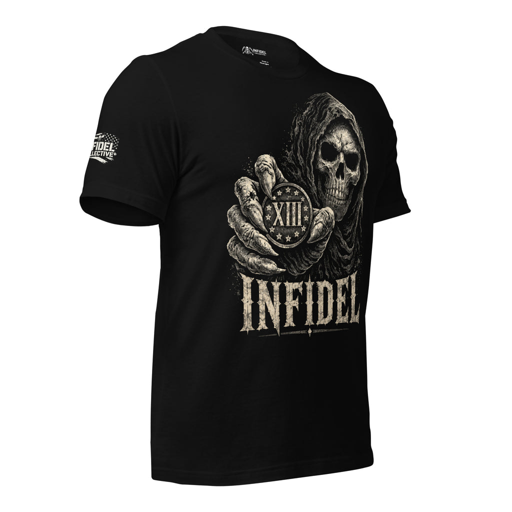 Infidel XIII reaper coin front graphic black tee from Infidel Collective