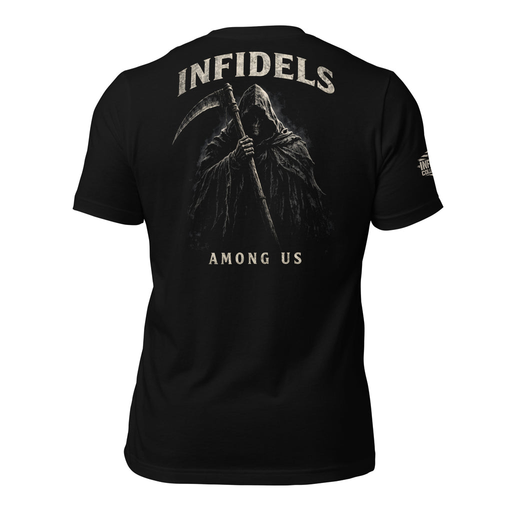 Infidels Among Us hooded reaper scythe back print black tee from Infidel Collective