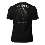Infidels Among Us hooded reaper scythe back print black tee from Infidel Collective