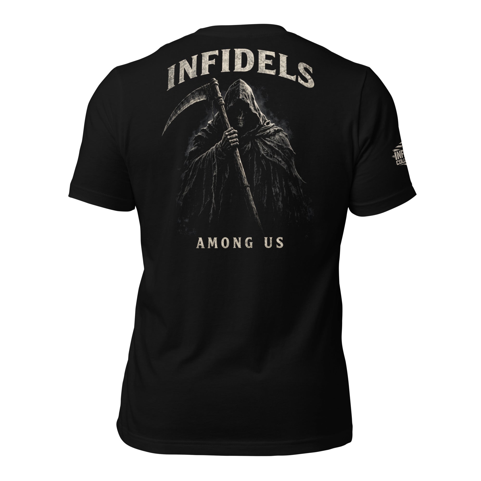 Infidels Among Us hooded reaper scythe back print black tee from Infidel Collective