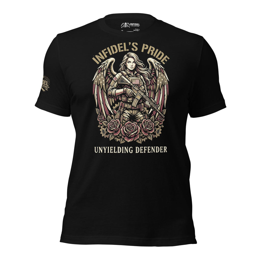 Infidel’s Pride Unyielding Defender patriotic women’s front print black tee from Infidel Collective