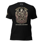 Infidel’s Pride Unyielding Defender patriotic women’s front print black tee from Infidel Collective