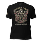 Infidel’s Pride Unyielding Defender patriotic women’s front print black tee from Infidel Collective