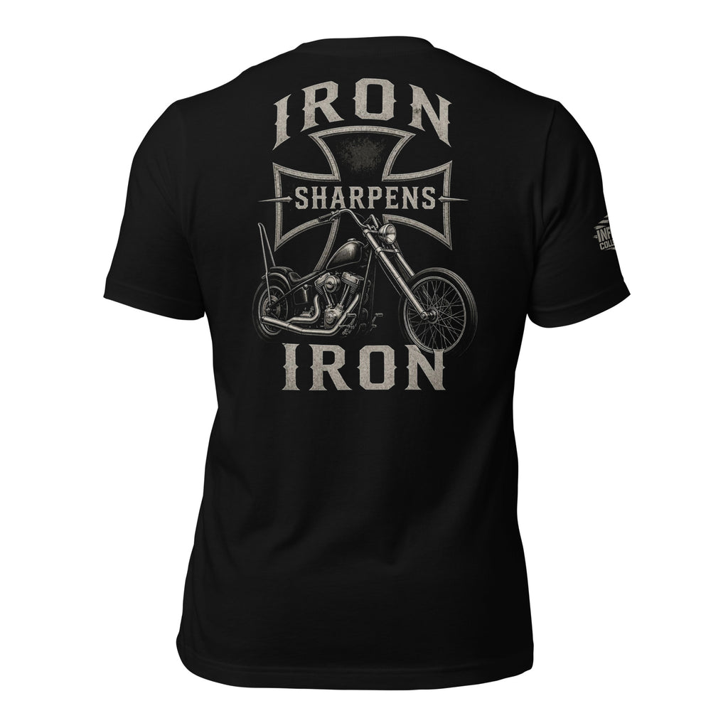 Iron Sharpens Iron motorcycle back print black tee from Infidel Collective