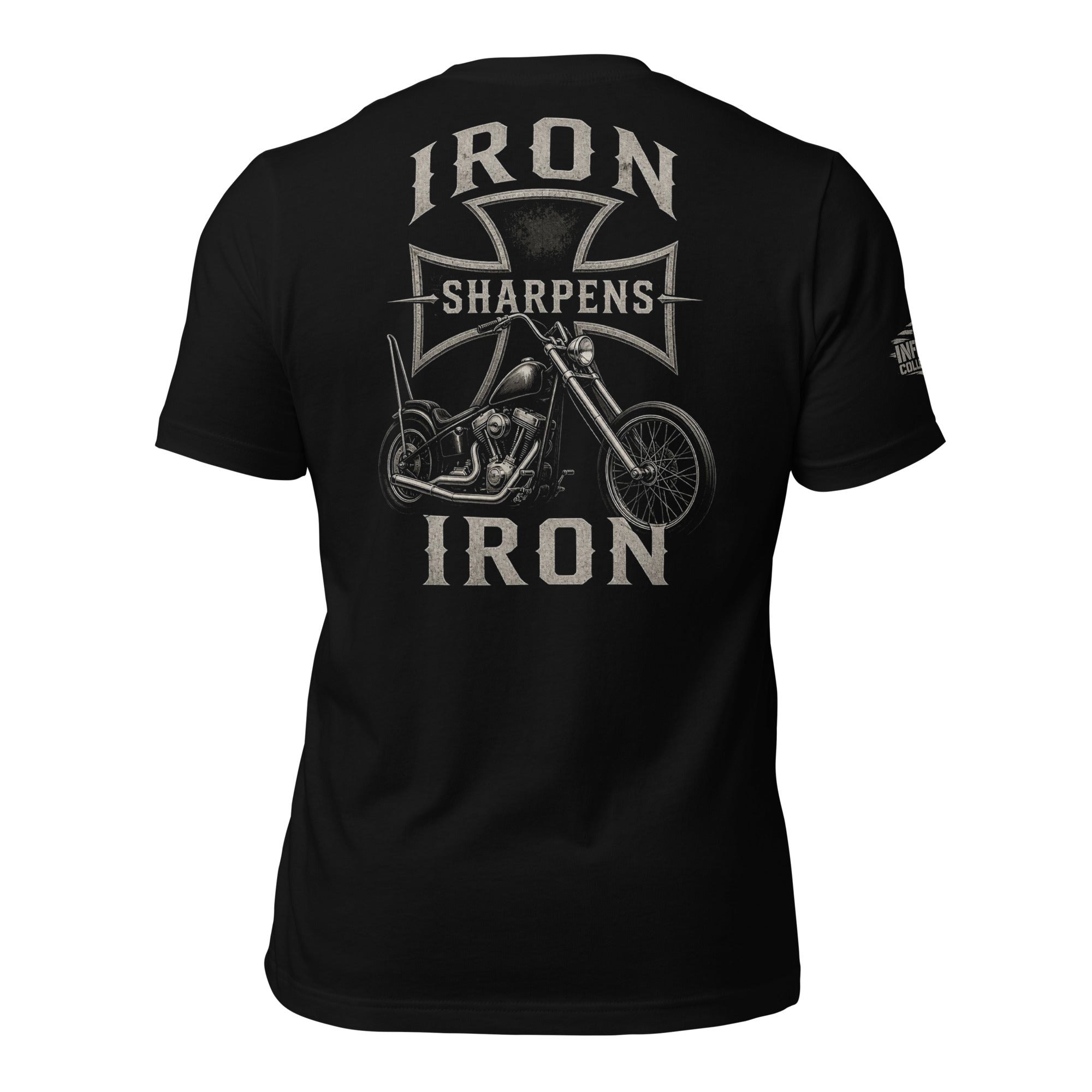 Iron Sharpens Iron motorcycle back print black tee from Infidel Collective