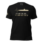 It's Not The Size It's How Deep You Go front print tee with submarine silhouette and heartbeat line graphic on black shirt