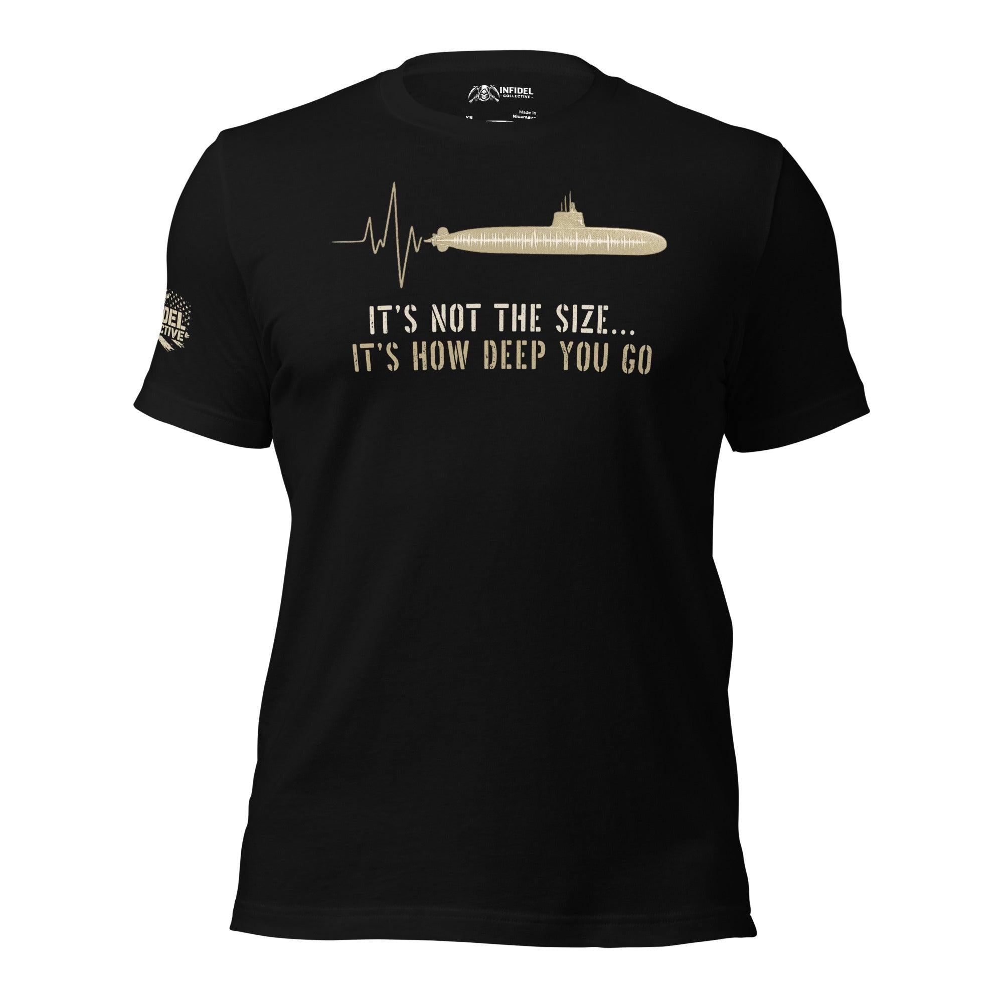 It's Not The Size It's How Deep You Go front print tee with submarine silhouette and heartbeat line graphic on black shirt