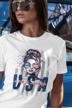 T-Shirt  Fourth of July T-Shirt: Patriotic Babe USA Flag Graphic Tee in White Infidel Collective