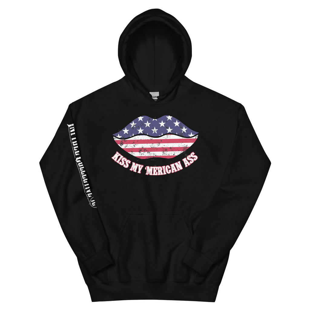 Kiss My Merican Ass women’s front print black hoodie from Infidel Collective