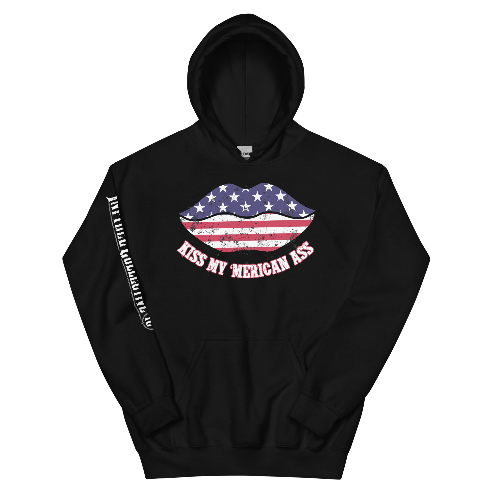 Kiss My Merican Ass women’s front print black hoodie from Infidel Collective