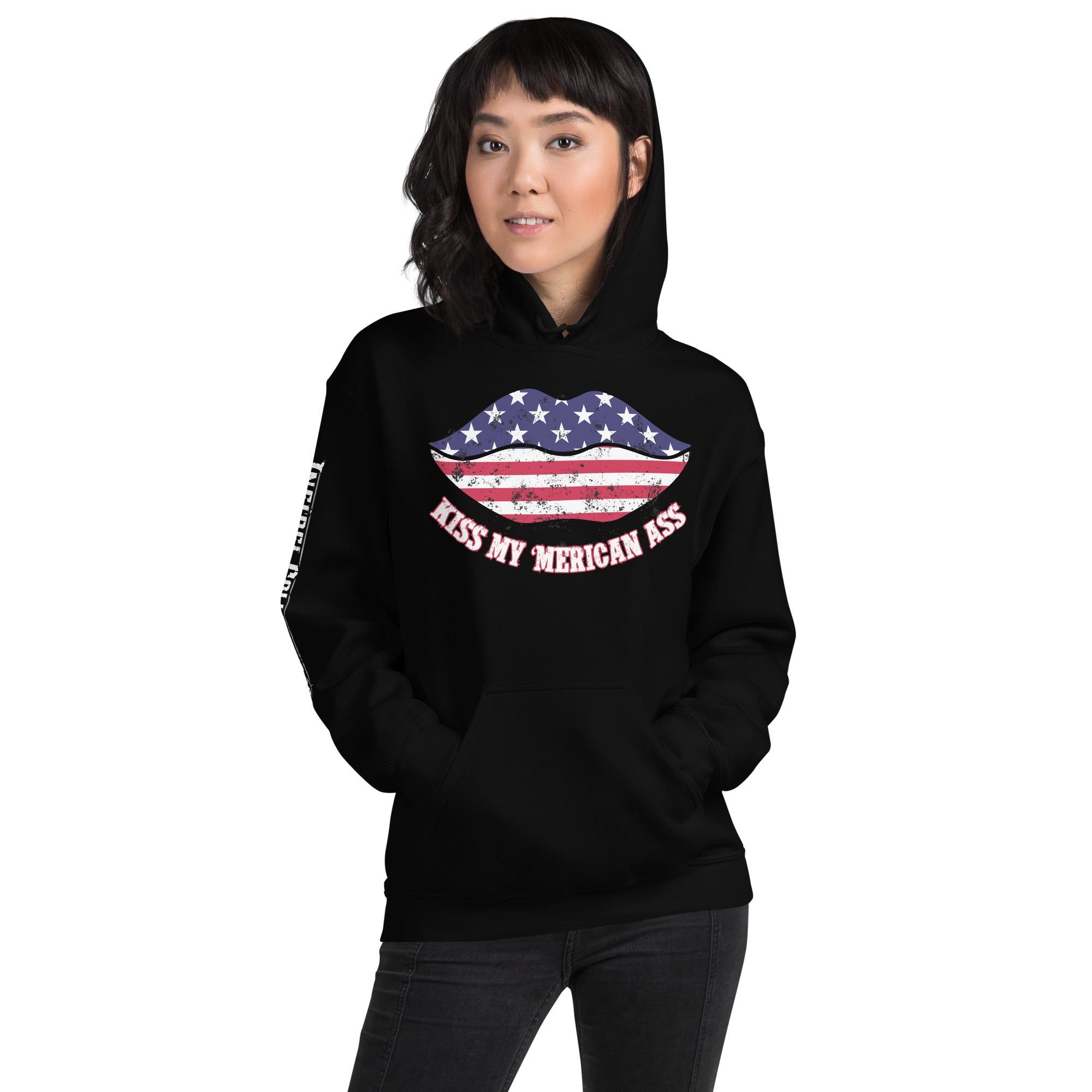 Kiss My Merican Ass women’s front print black hoodie from Infidel Collective