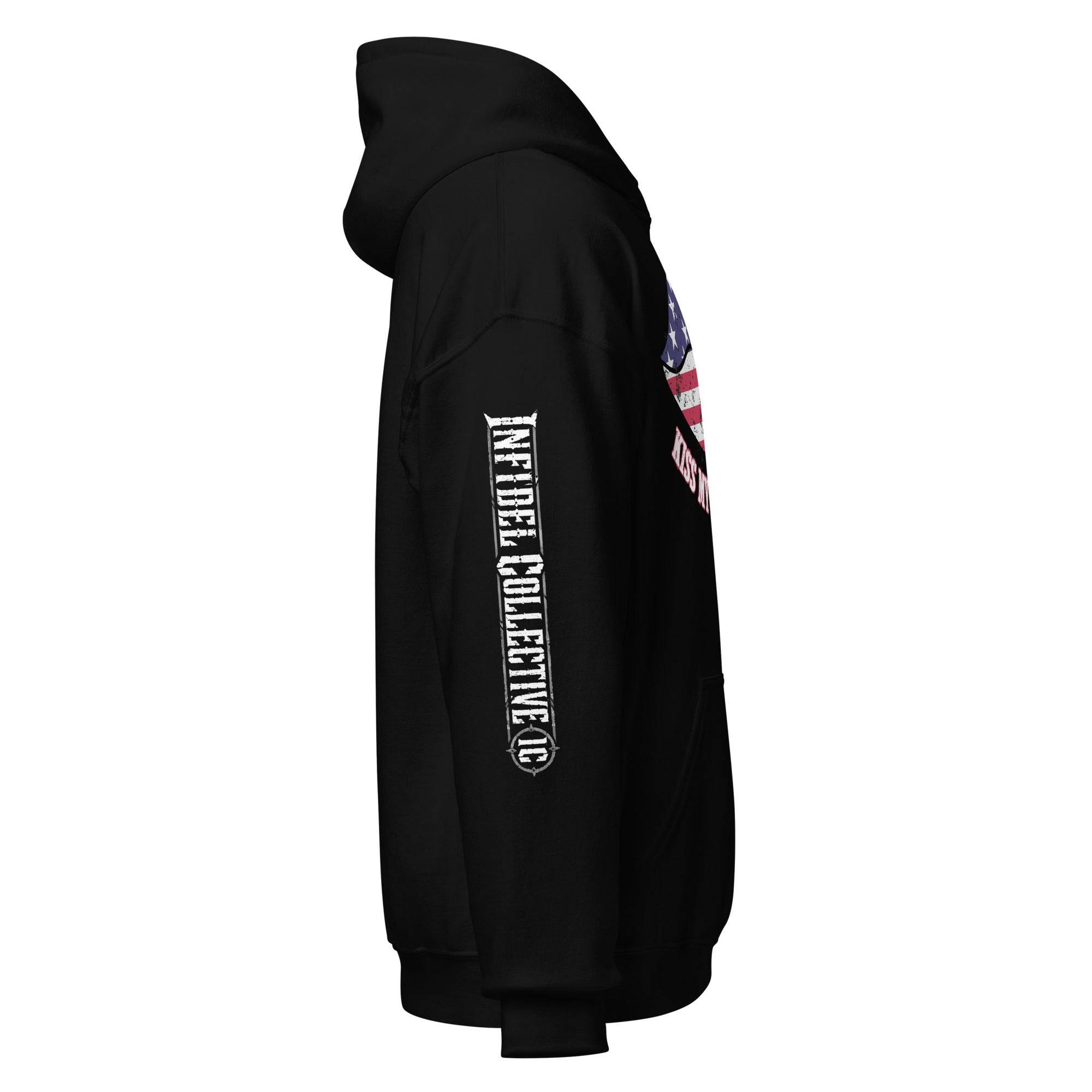 Kiss My Merican Ass women’s front print black hoodie from Infidel Collective