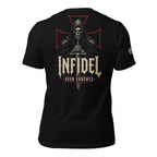 Black Infidel Collective tee with back print featuring hooded skull warrior, sword, crusader cross, INFIDEL text, and Born Unbowed graphic