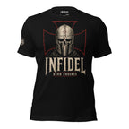 Black Infidel Collective tee with front print featuring skull Templar helmet, red battle cross, INFIDEL text, and Born Unbowed graphic