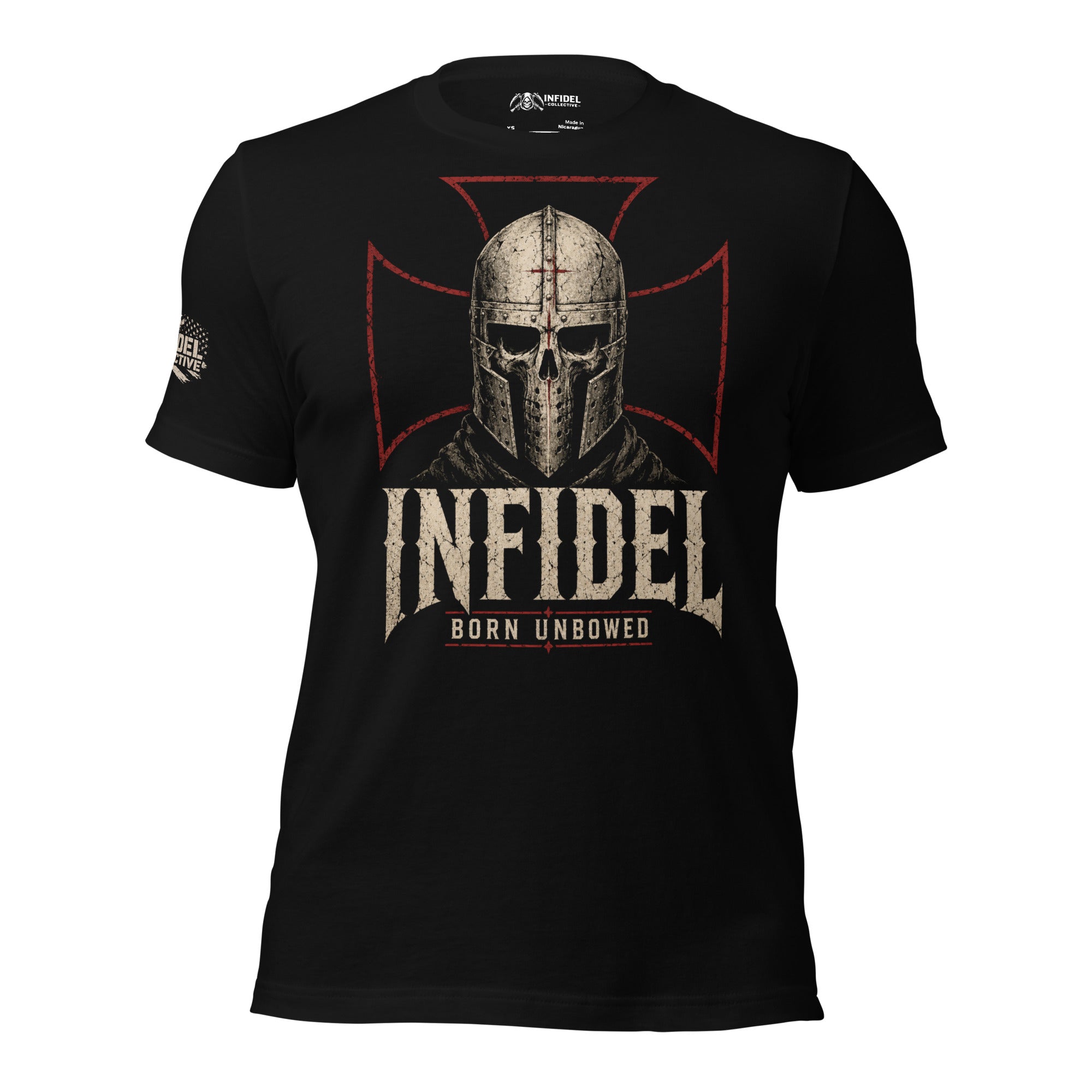 Black Infidel Collective tee with front print featuring skull Templar helmet, red battle cross, INFIDEL text, and Born Unbowed graphic