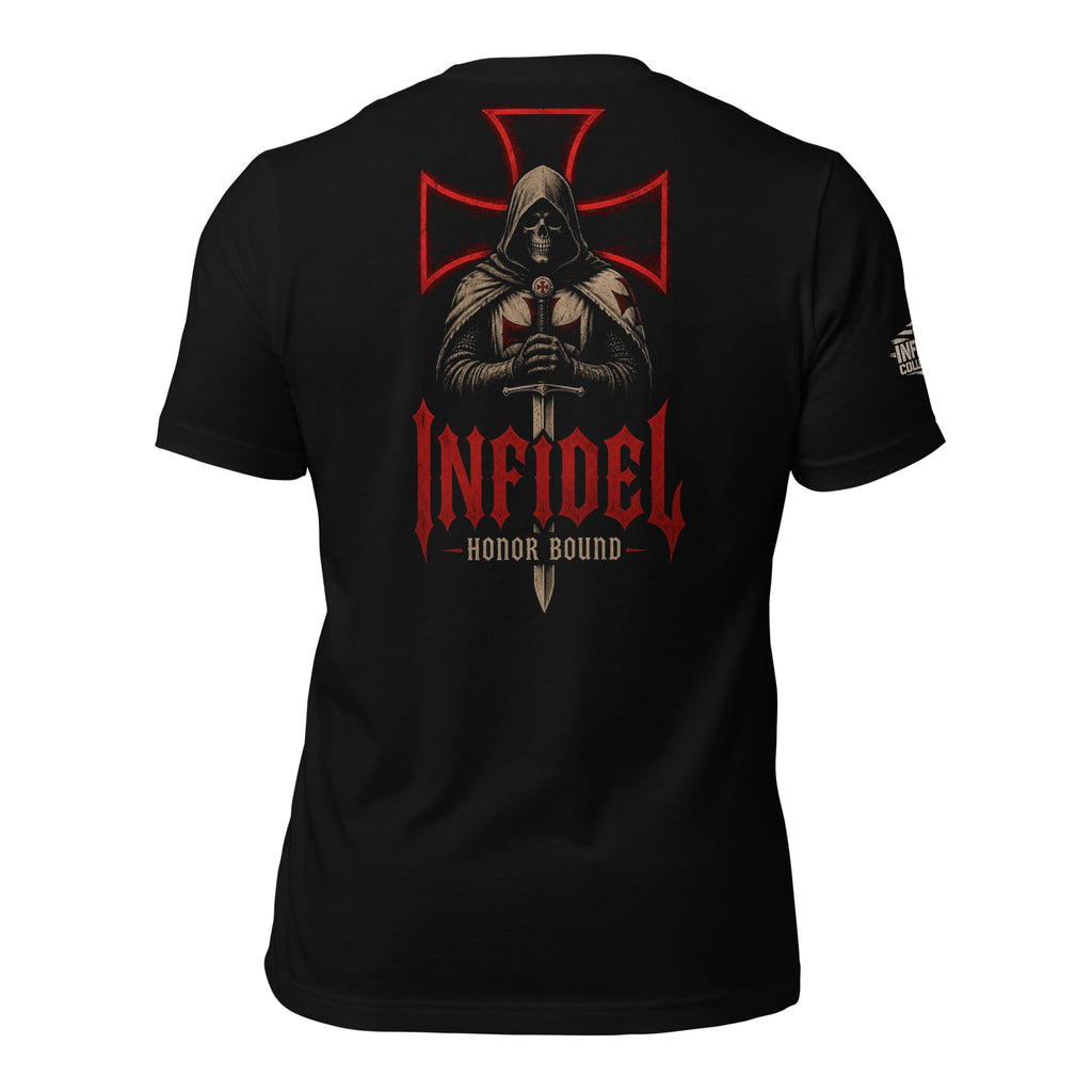 Black Infidel Collective tee with back print featuring hooded crusader skull, sword, red battle cross, INFIDEL text, and Honor Bound graphic