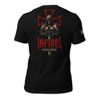 Black Infidel Collective tee with back print featuring hooded crusader skull, sword, red battle cross, INFIDEL text, and Honor Bound graphic