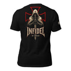 Black Infidel Collective tee with back print featuring hooded crusader skull, sword, red battle cross, INFIDEL text, and By Creed graphic