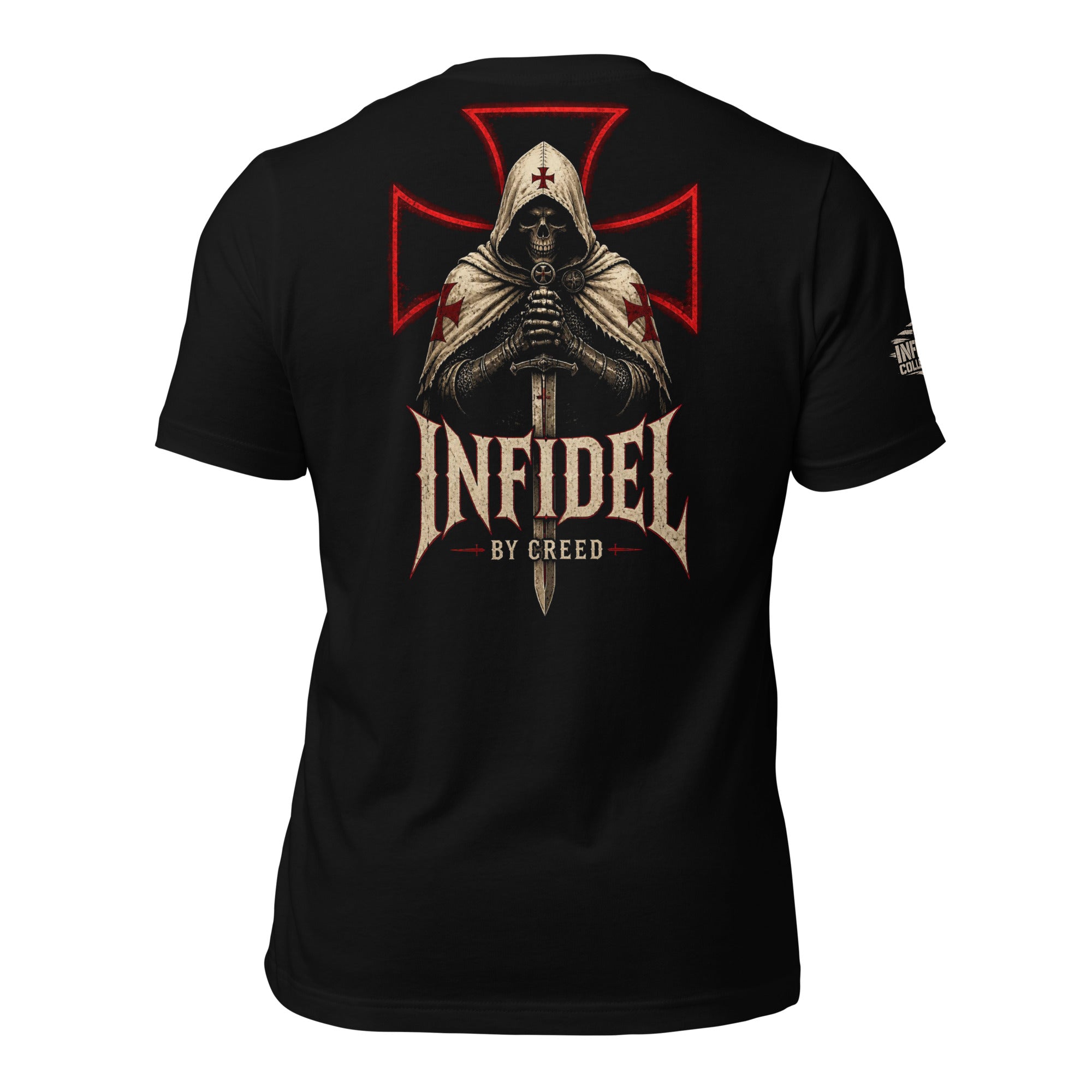 Black Infidel Collective tee with back print featuring hooded crusader skull, sword, red battle cross, INFIDEL text, and By Creed graphic