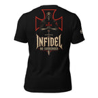 Black Infidel Collective tee with back print featuring hooded crusader skull, sword, red battle cross, INFIDEL text, and No Surrender graphic