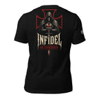 Black Infidel Collective tee with back print featuring hooded crusader skull, sword, red battle cross, INFIDEL text, and No Surrender graphic