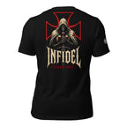 Black Infidel Collective tee with back print featuring hooded crusader skull, sword, red battle cross, INFIDEL text, and Stand Fast graphic