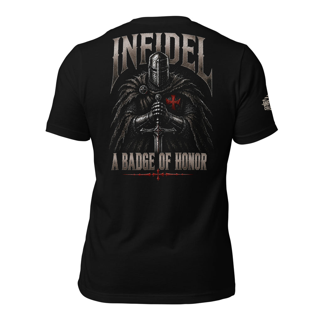 Knight of Infidel Badge of Honor knight sword back print black tee from Infidel Collective