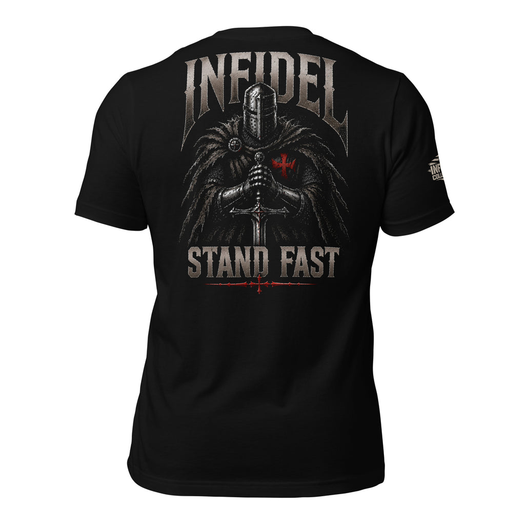 Knight of Infidel Stand Fast knight sword back print black tee from Infidel Collective