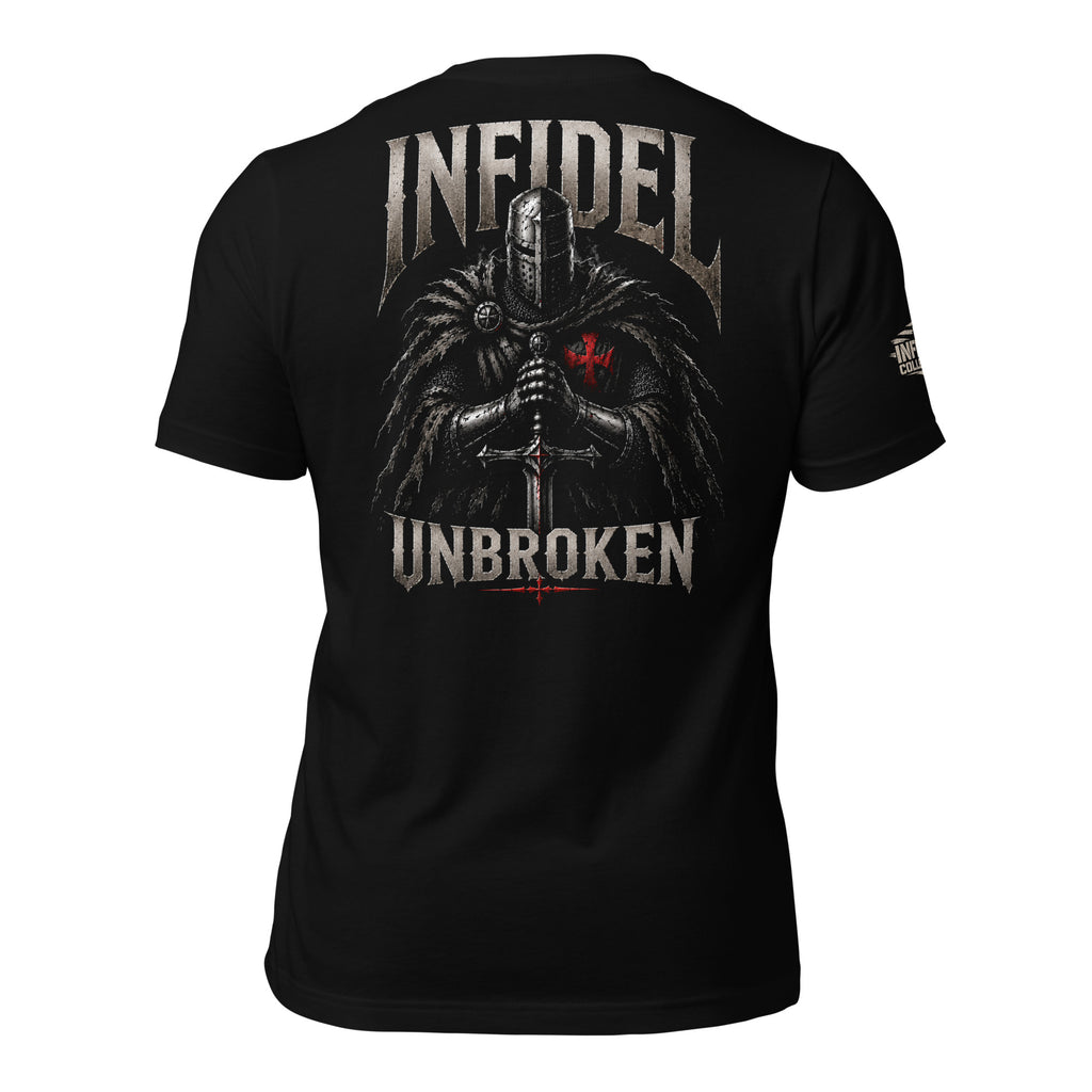 Knight of Infidel Unbroken knight sword back print black tee from Infidel Collective
