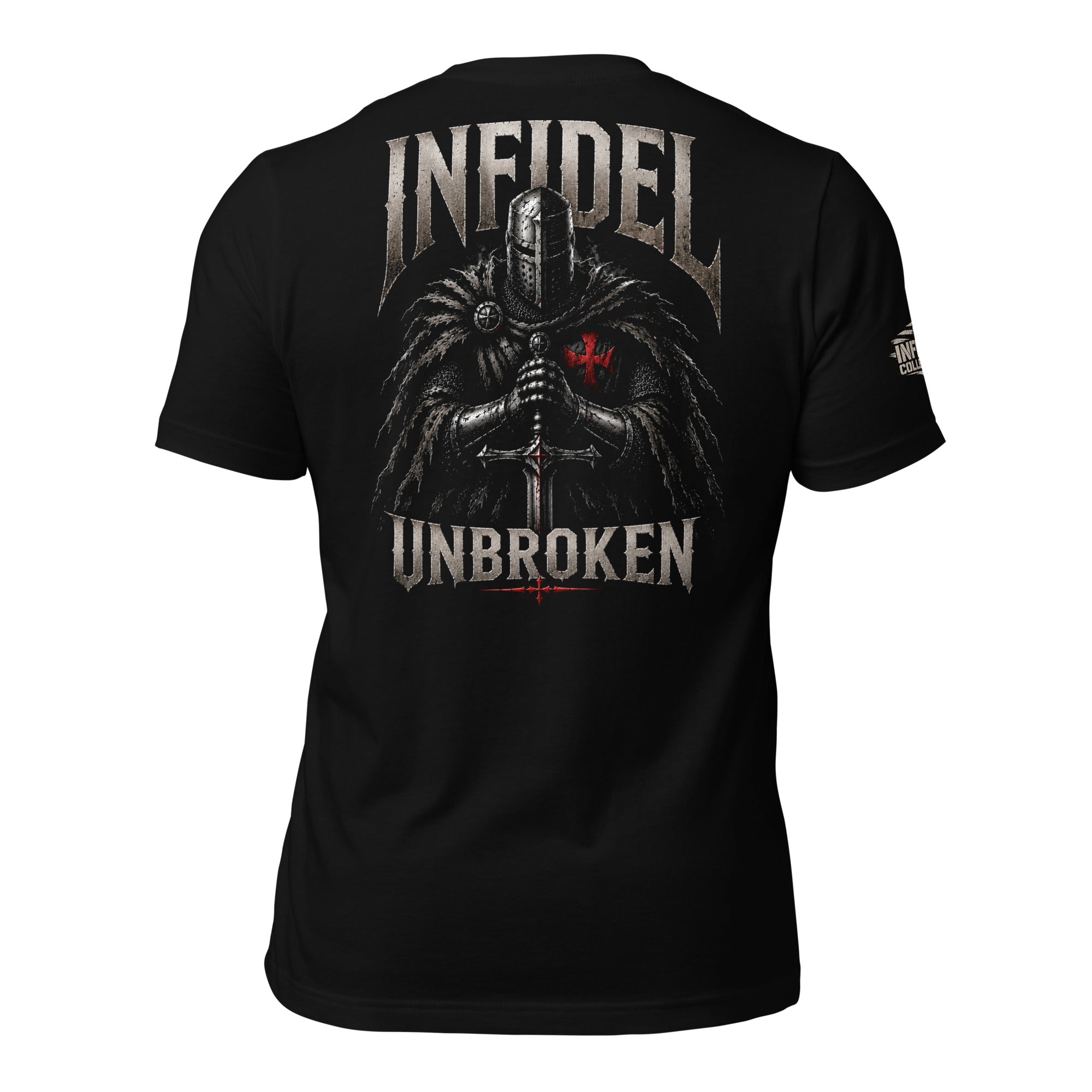 Knight of Infidel Unbroken knight sword back print black tee from Infidel Collective