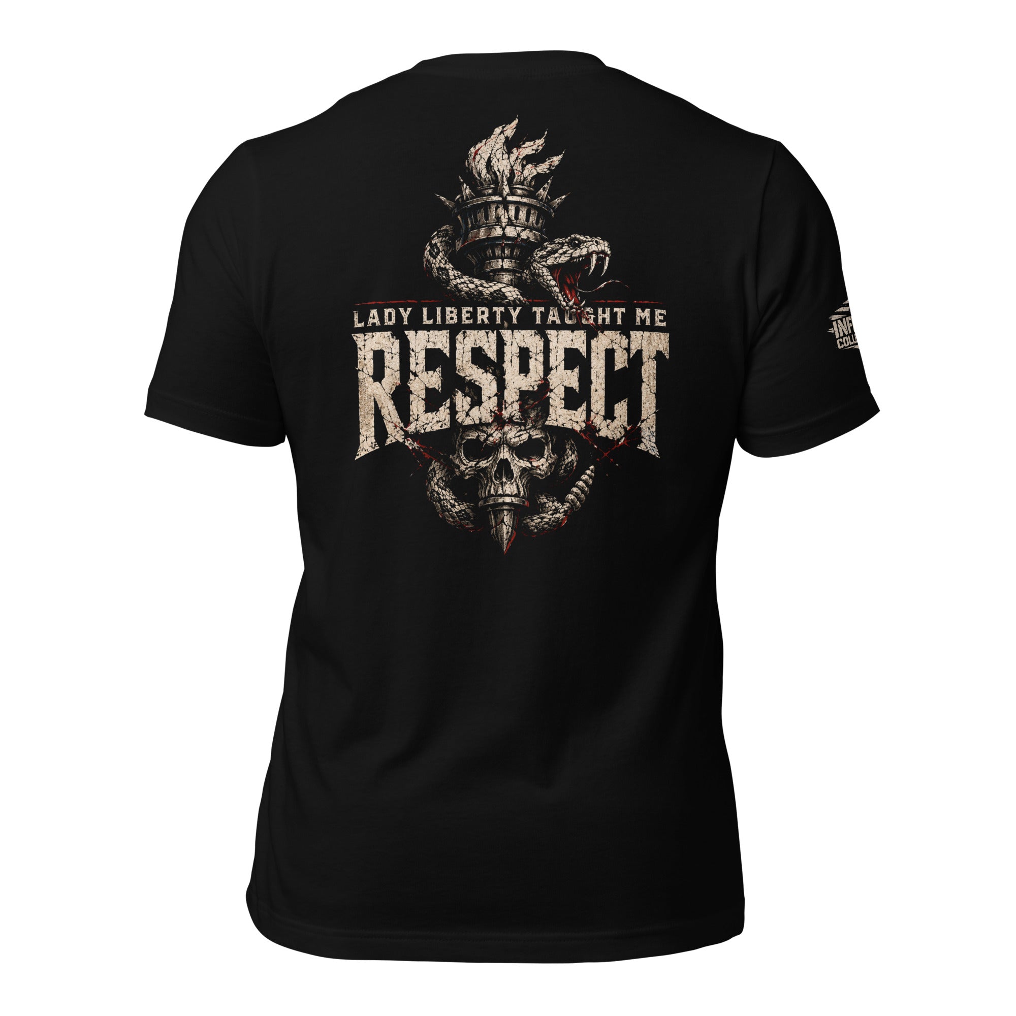 Lady Liberty Taught Me Respect rattlesnake skull back print black tee from Infidel Collective