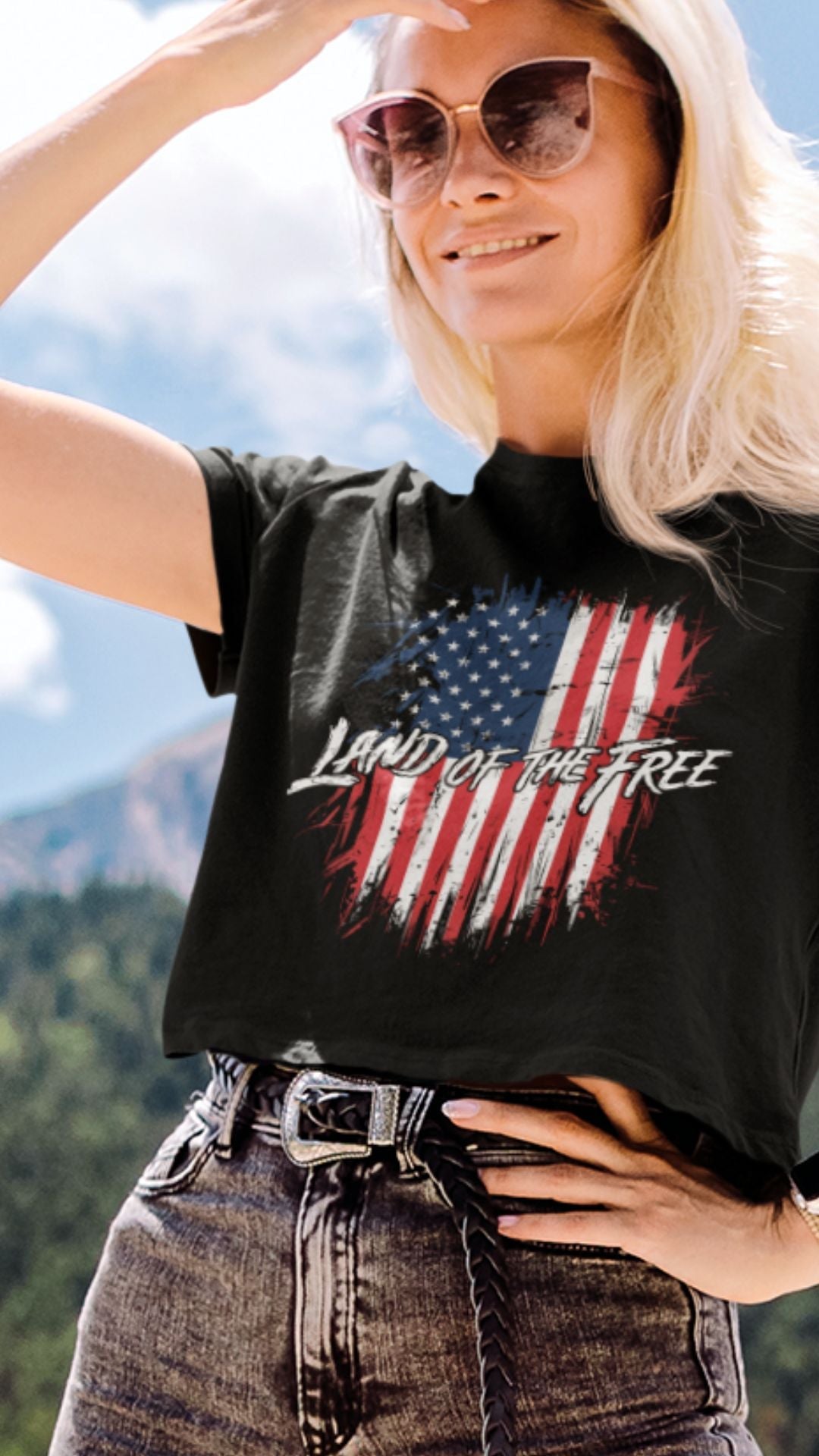 Crop Top  Patriotic Crop Top – Land of the Free USA Flag Black Shirt for Women Infidel Collective