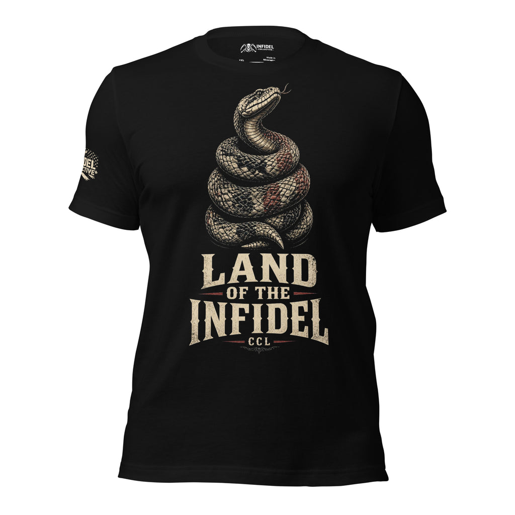 Land of the Free Infidel rattlesnake graphic black tee from Infidel Collective celebrating 250 years