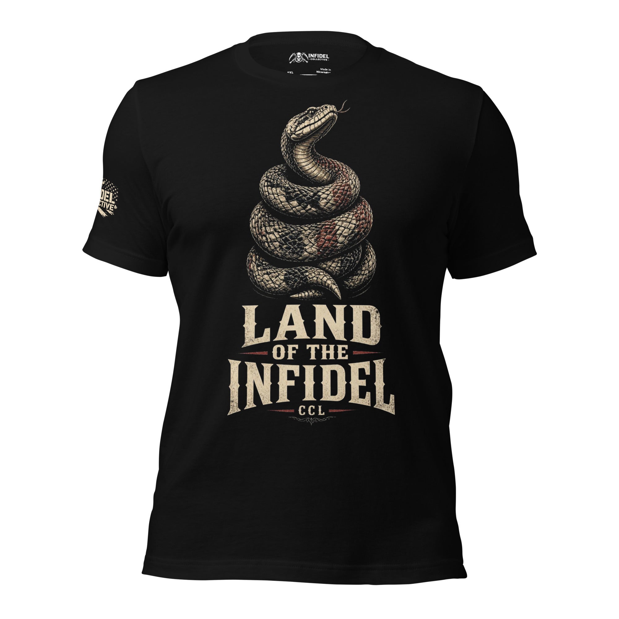 Land of the Free Infidel rattlesnake graphic black tee from Infidel Collective celebrating 250 years