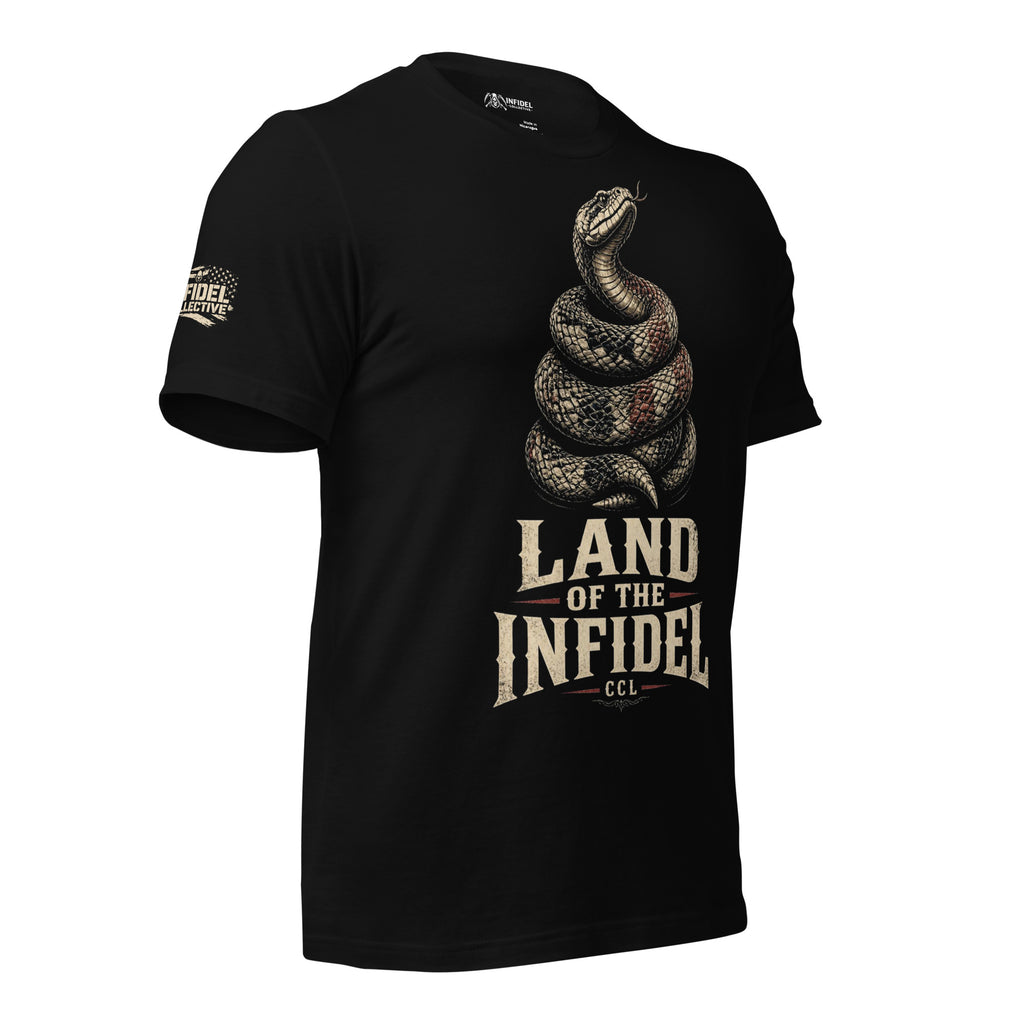 Land of the Free Infidel rattlesnake graphic black tee from Infidel Collective celebrating 250 years