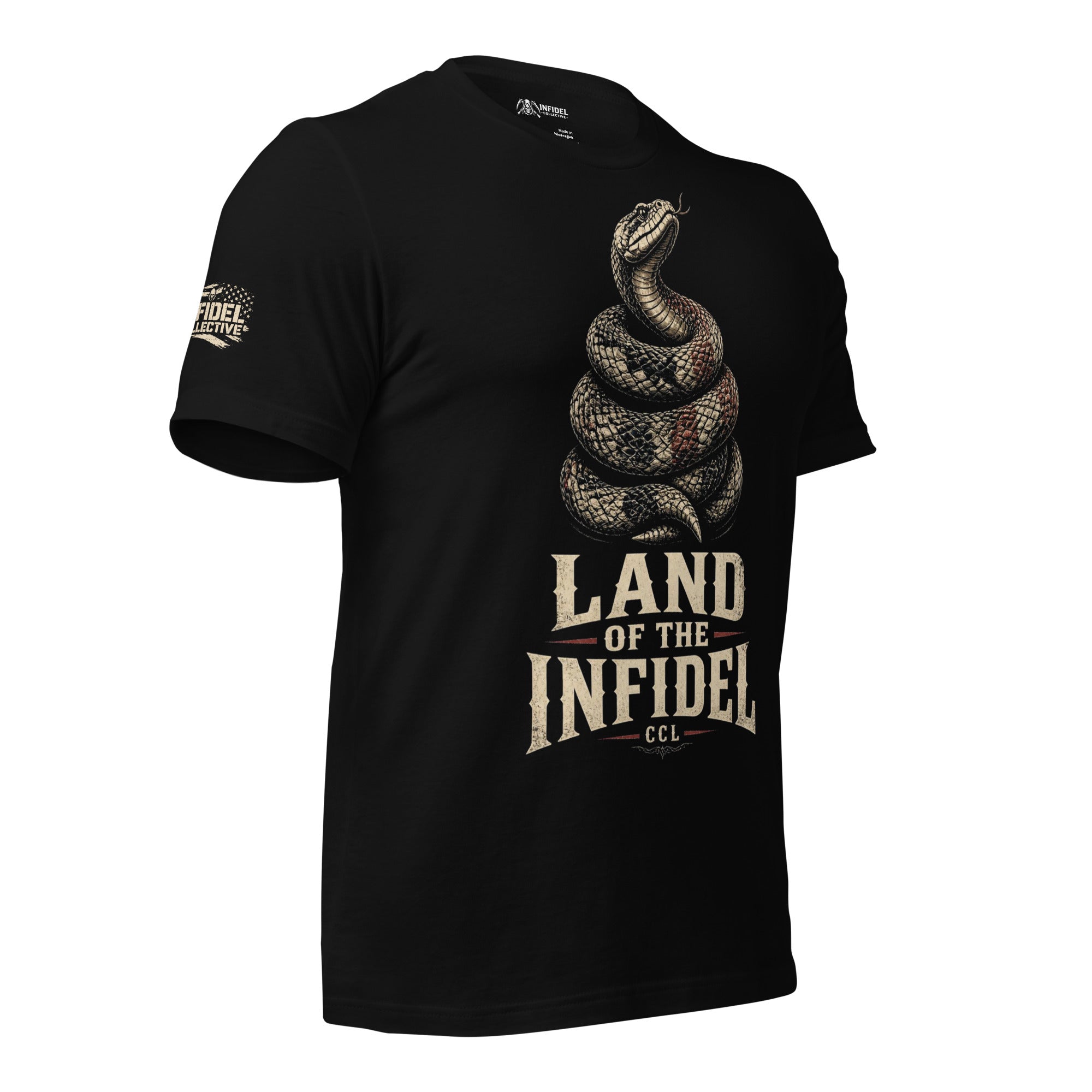 Land of the Free Infidel rattlesnake graphic black tee from Infidel Collective celebrating 250 years