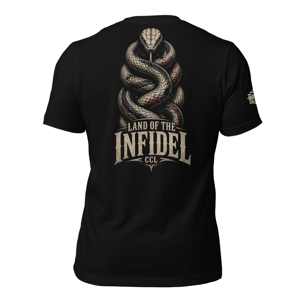 Land of the Infidel CCL rattlesnake back print black tee from Infidel Collective