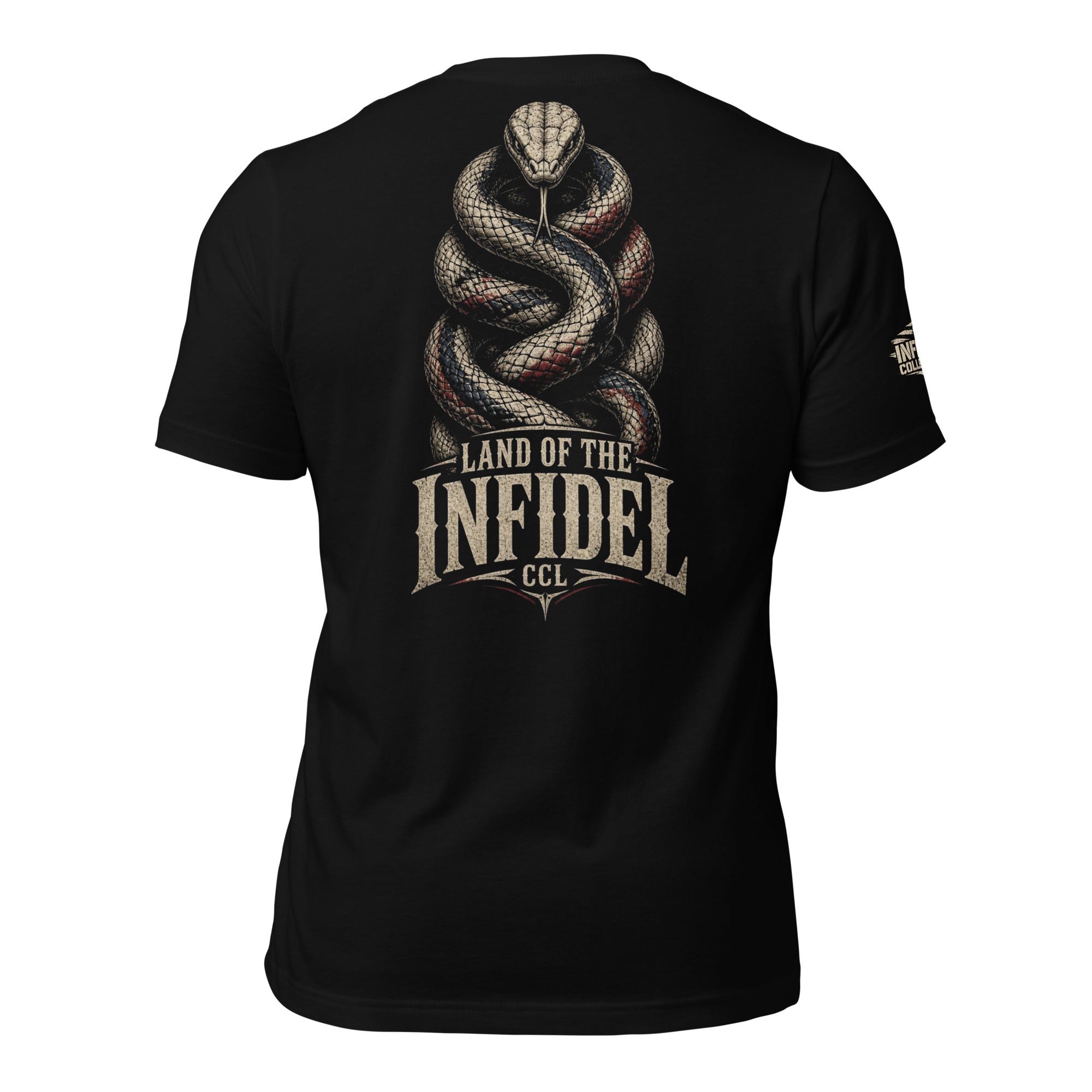 Land of the Infidel CCL rattlesnake back print black tee from Infidel Collective