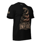 Black Land of the Infidel CCL tee with American flag rattlesnake graphic and front print text