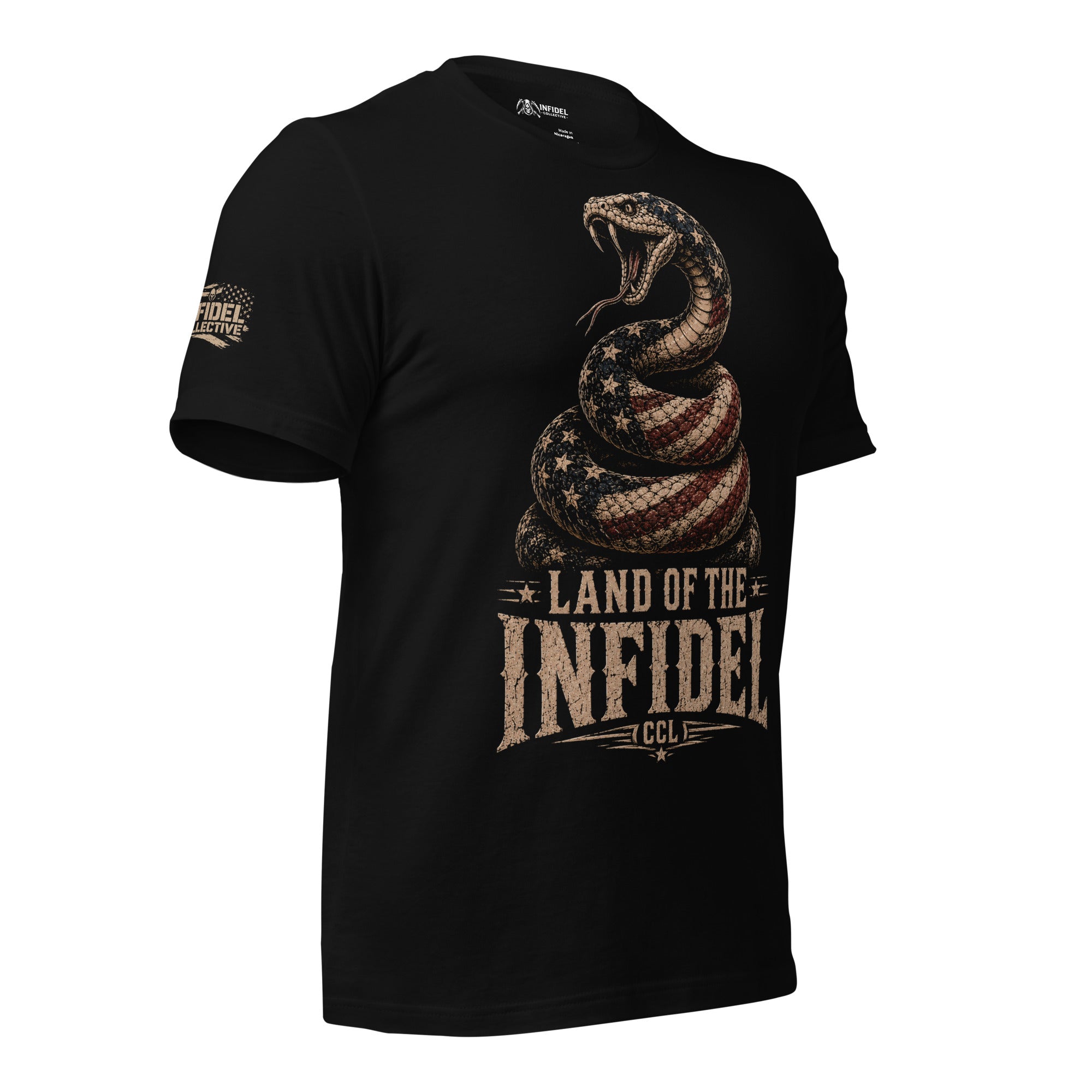 Black Land of the Infidel CCL tee with American flag rattlesnake graphic and front print text