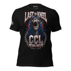Black t-shirt featuring a screaming hooded reaper wrapped in chains with Last to Kneel, CCL, and Infidel Nation graphics in distressed red, white, and blue styling