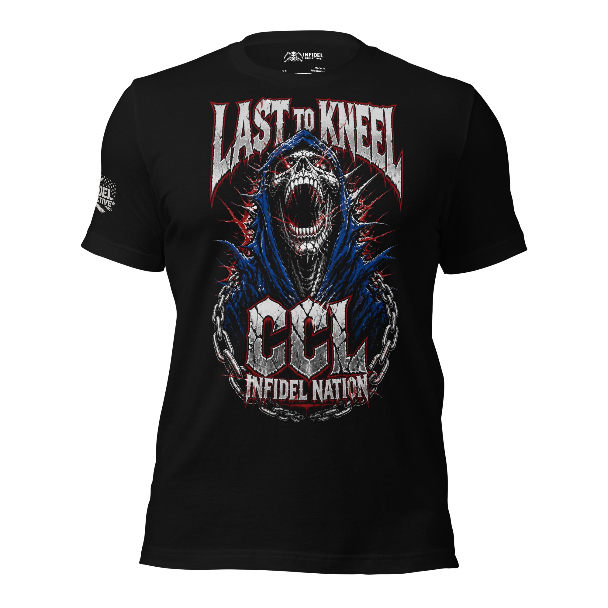 Black t-shirt featuring a screaming hooded reaper wrapped in chains with Last to Kneel, CCL, and Infidel Nation graphics in distressed red, white, and blue styling